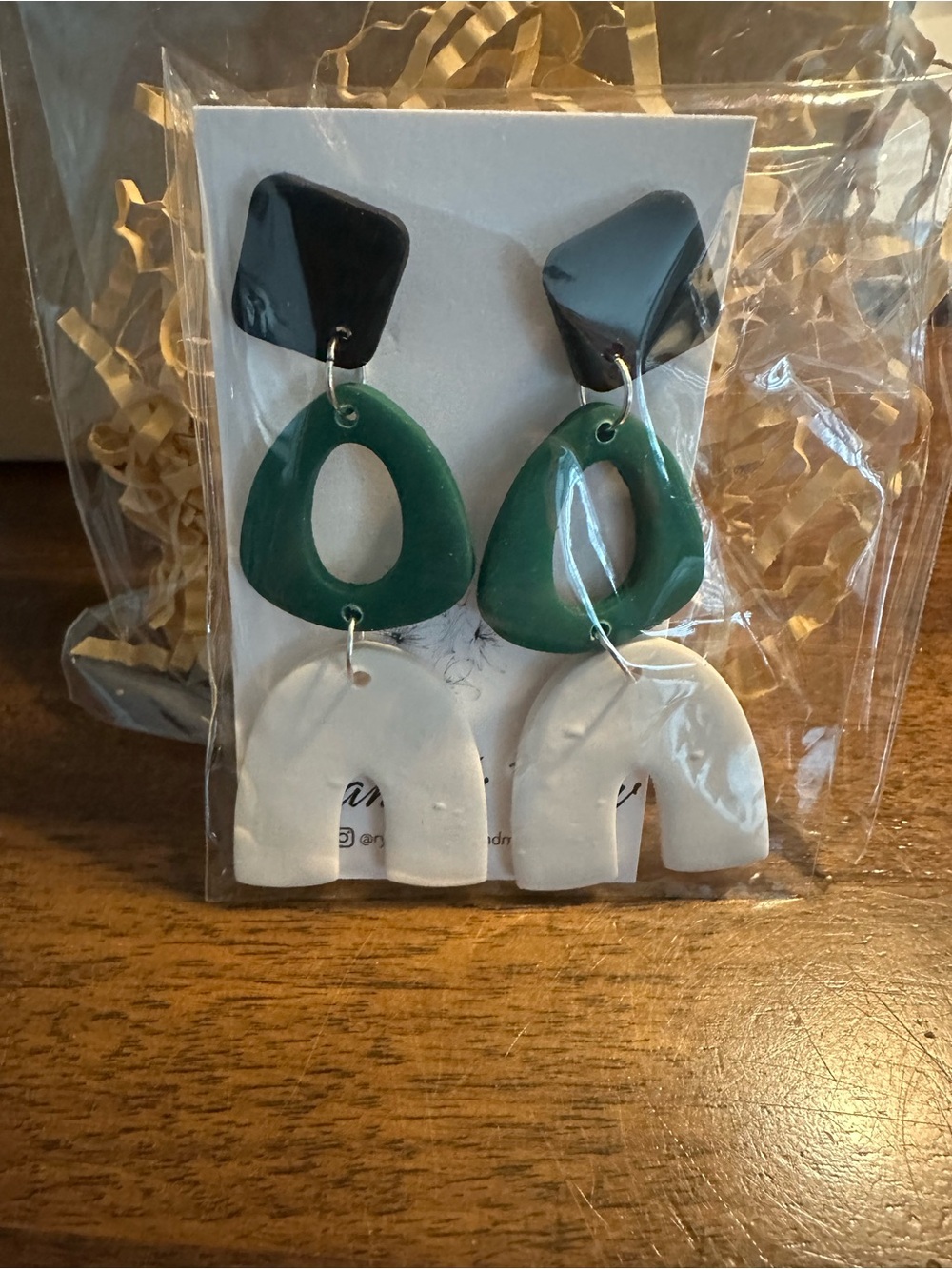 Tri-Shape Dangle Earrings in Black, Green & White